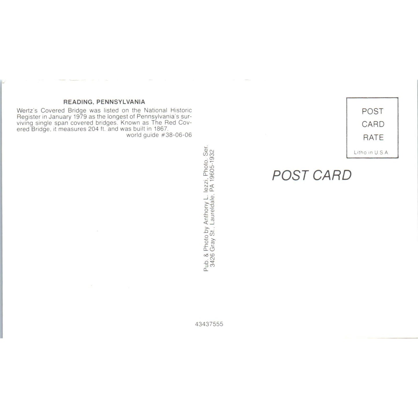 Wertz's Covered Bridge Reading Pennsylvania Covered Bridge Postcard PC5