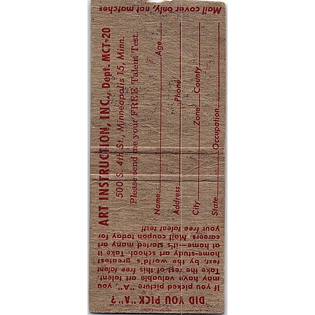 Free Art Talent Test Art Instruction Inc Minneapolis Vtg Matchbook Cover SC7-Y8