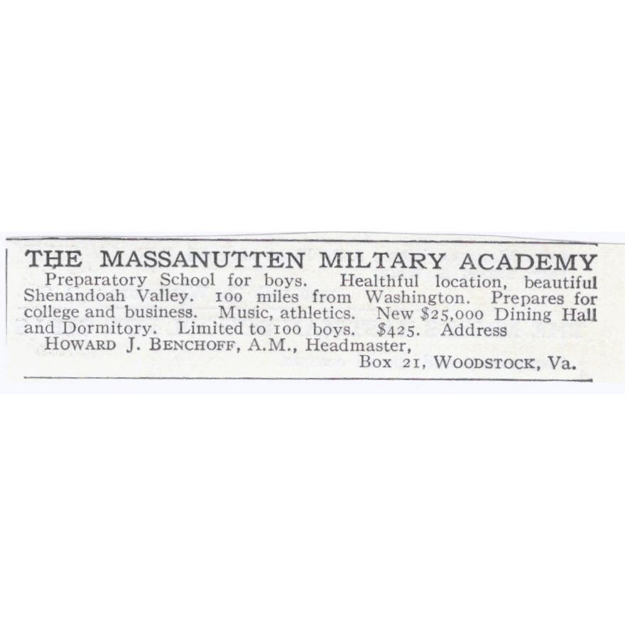 Massanutten Military Academy Howard J. Benchoff Woodstock VA c1918 Ad AE5-SA8