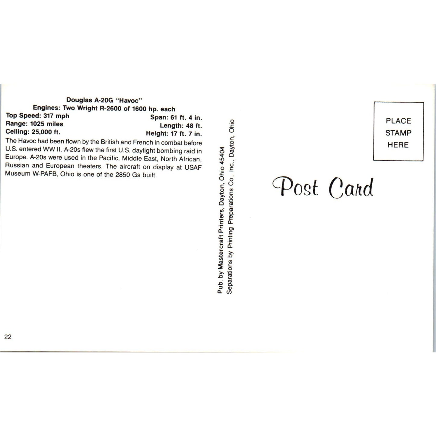 Douglas A-20G Havoc Vintage Postcard PC19
