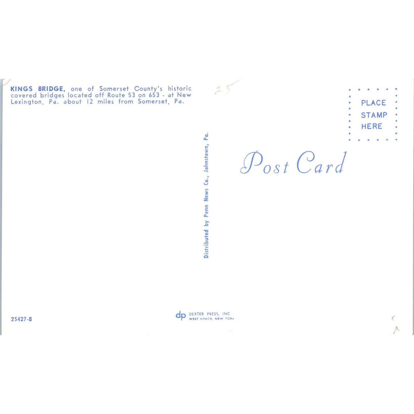 King's Bridge Somerset County Lexington PA Vintage Covered Bridge Postcard PD3