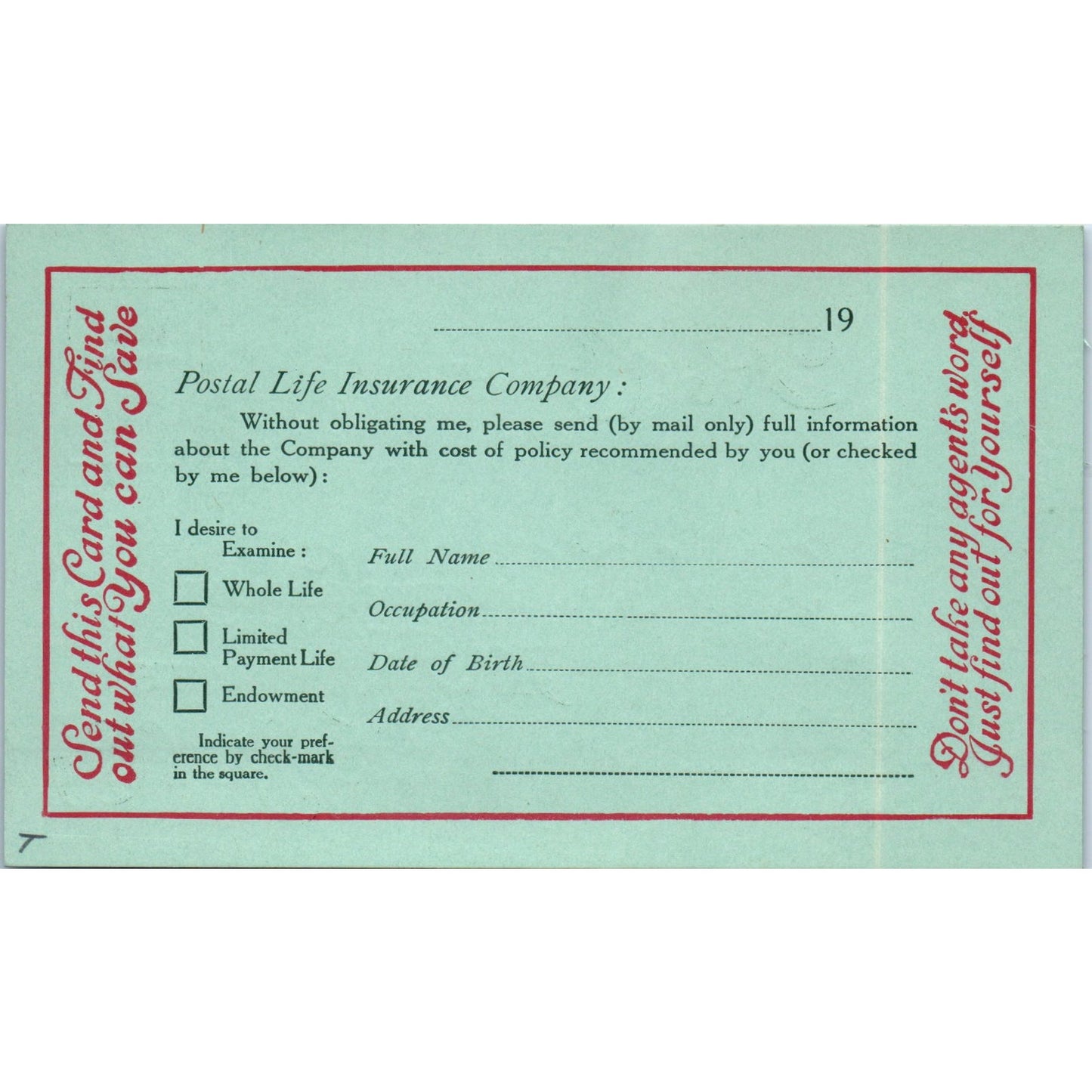 Postal Life Ins Co New York Vintage Postal Mailing Card PE7