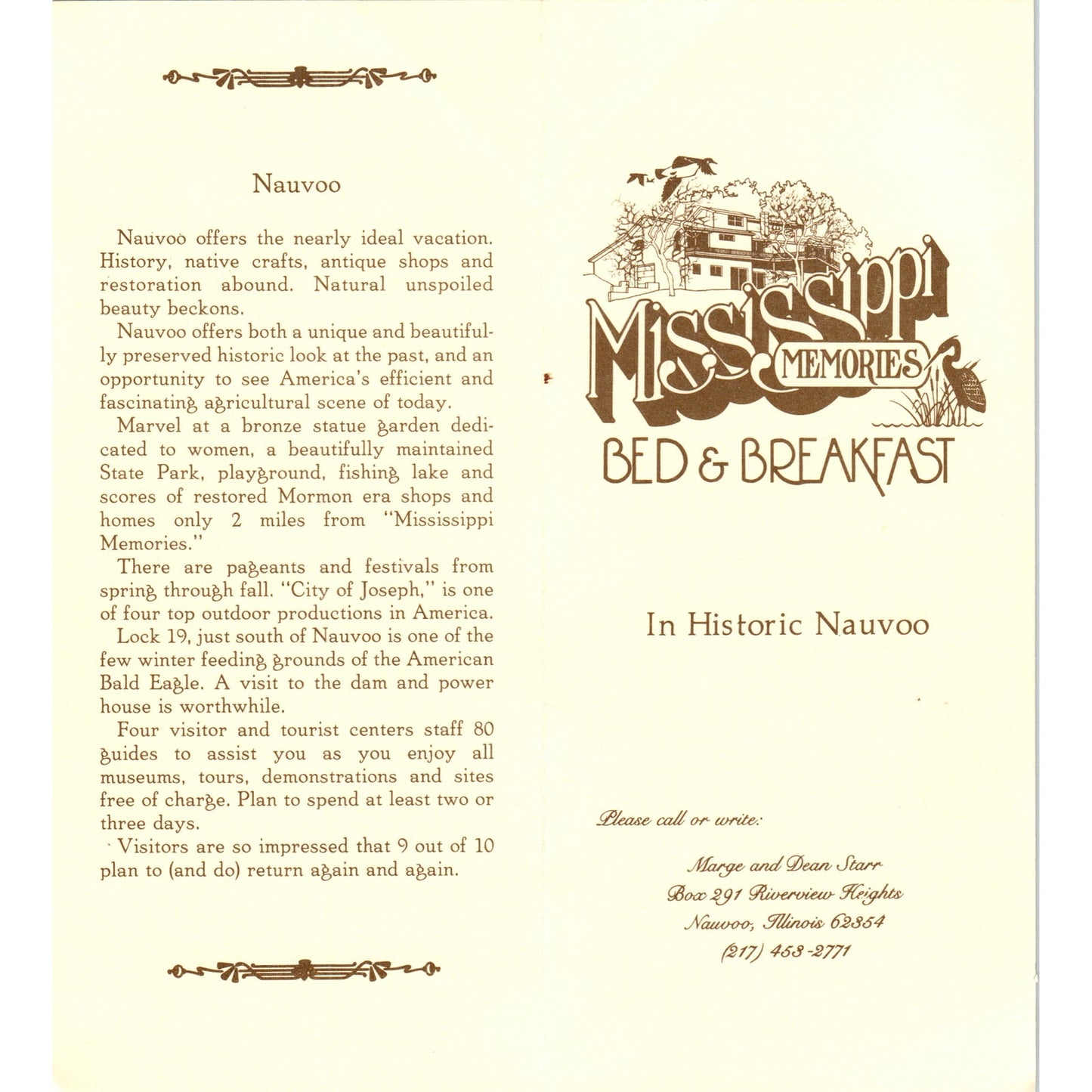 Vintage Mississippi Memories Bed and Breakfast in Nauvoo Travel Brochure TF4-B2