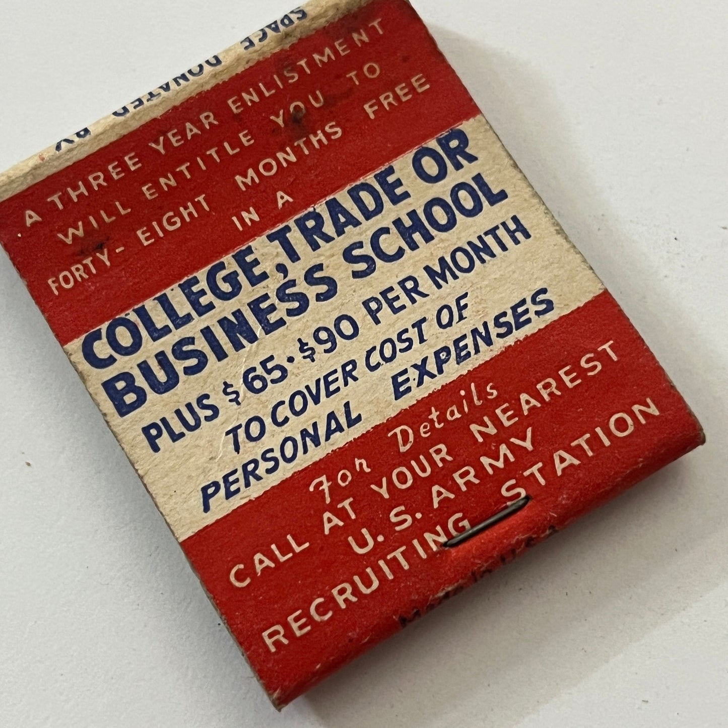 U.S. Army Recruiting G.I. Bill Vintage Matchbook Cover TB6-MB1-5