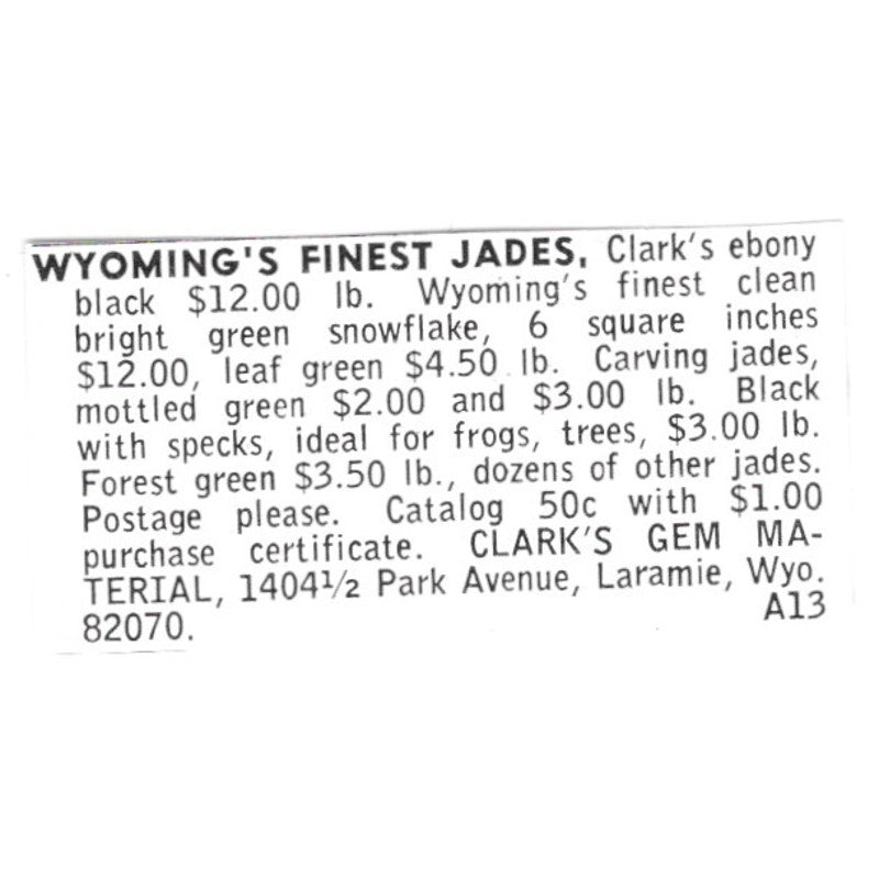 Clark's Gem Material Wyoming Jade Laramie WY 1972 Ad AF8-S16