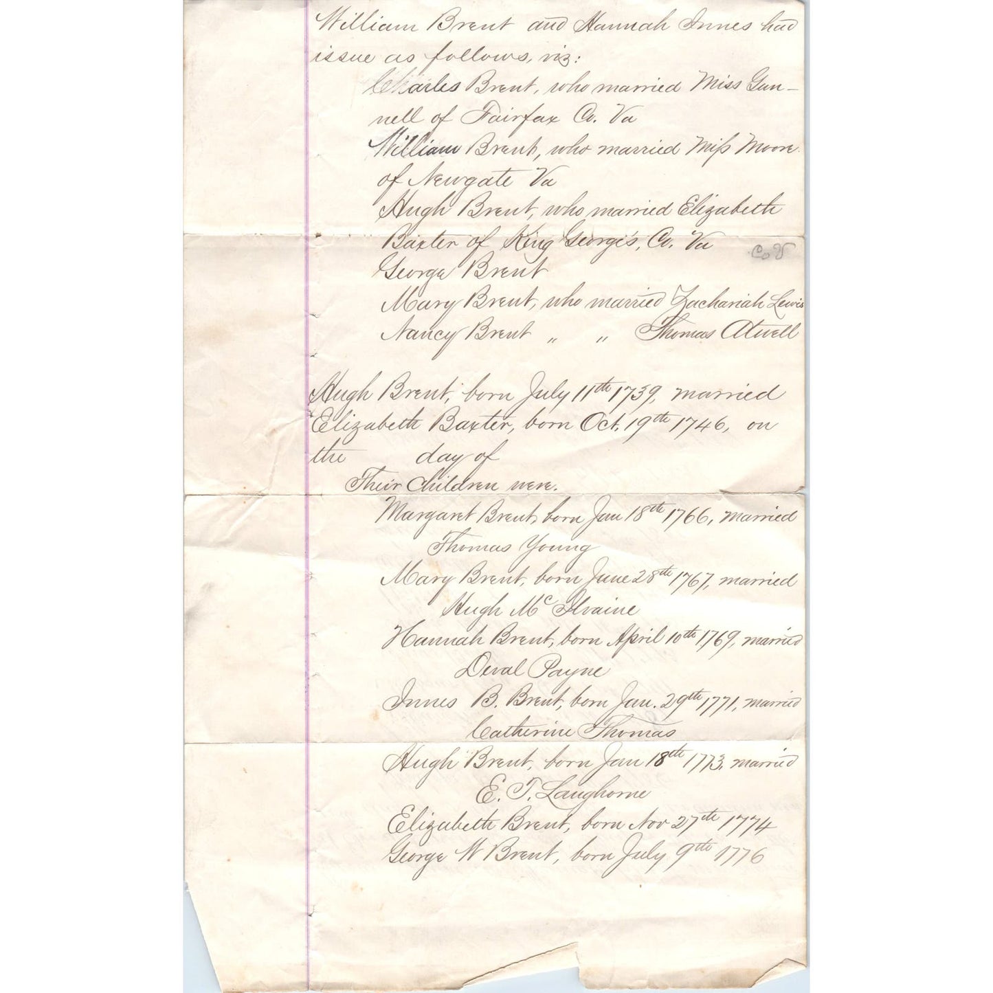c1809 William Brent Hannah Innes Virginia Handwritten Genealogy Document AF1-RR6