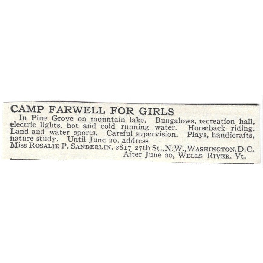 Camp Farwell for Girls Wells River VT Rosalie P. Sanderlin c1920 Ad SAG4-S3