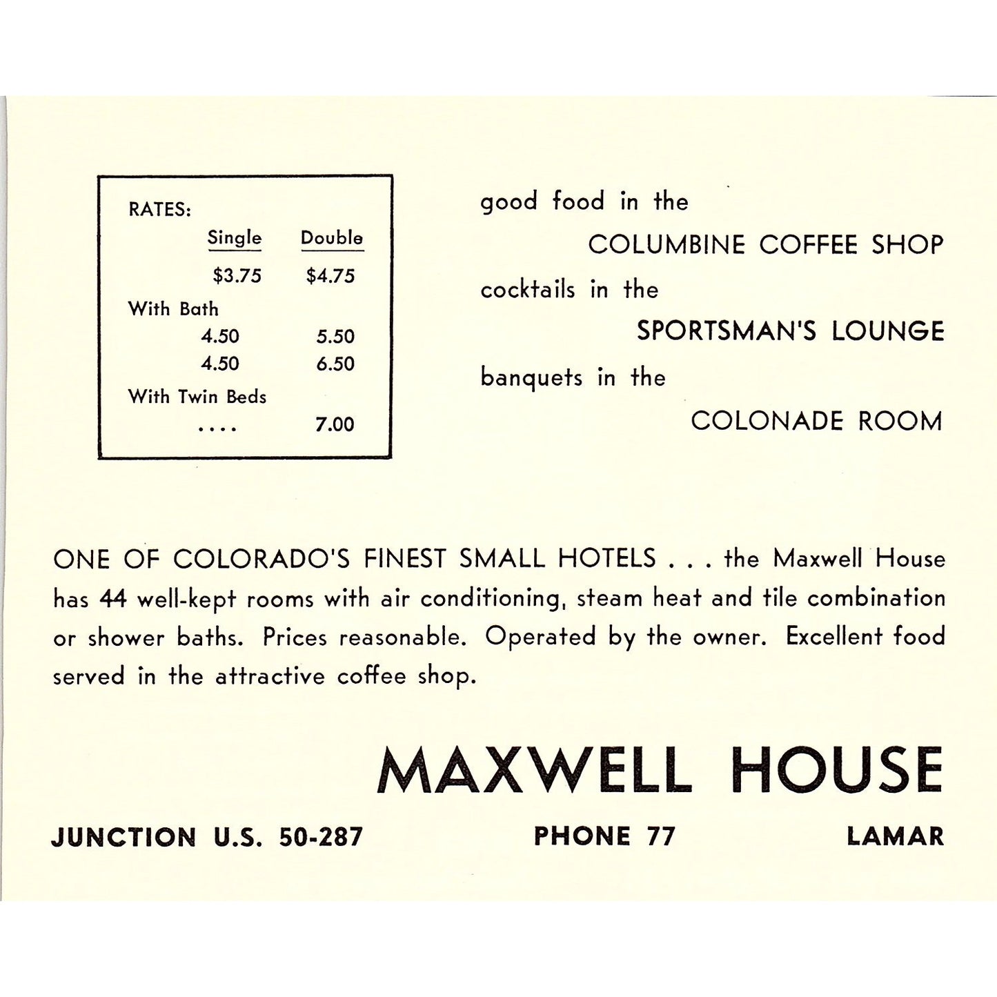 Motor Way Motel, Maxwell House Lamar CO 1958 Ad AG1-H2