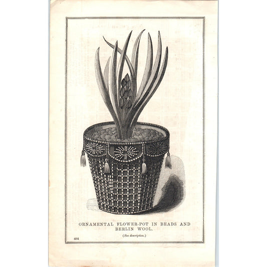 Ornamental Flower Pot in Beads and Berlin Wool 1857 Original Engraving D19-5
