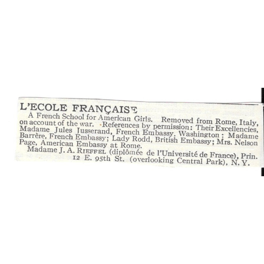 L'Ecole Francaise 12 E 95th St, NY JA Rieffel c1920 Harper’s Magazine Ad SAG4-S5