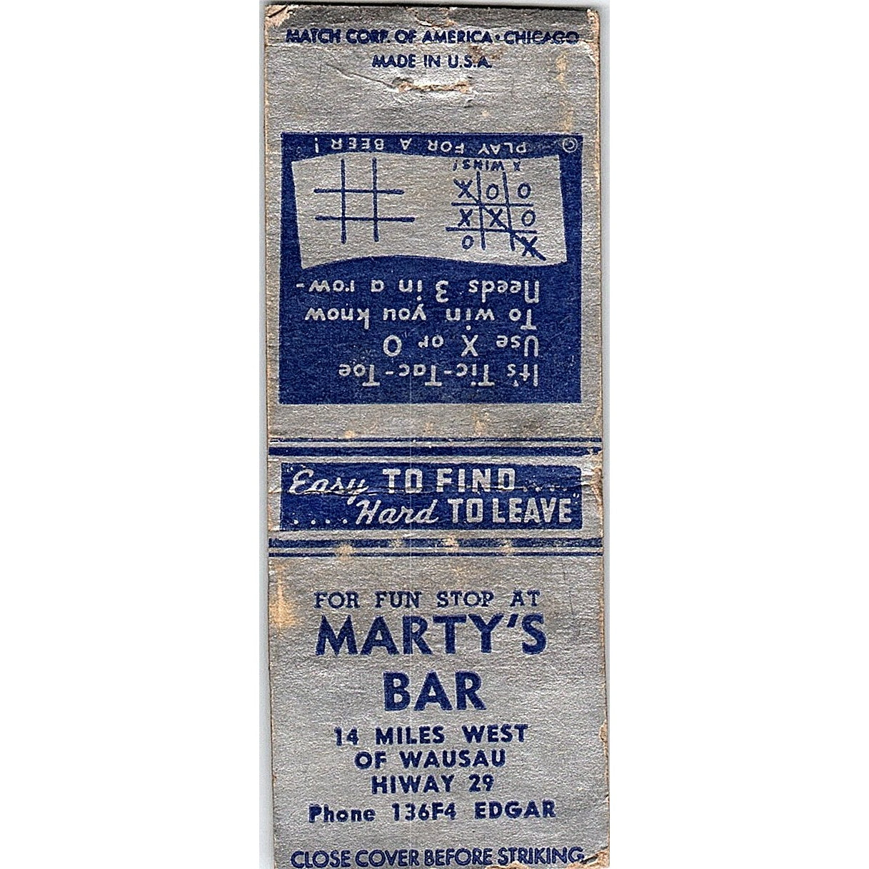 Marty's Bar Tic Tac Toe Wausau Vintage Matchbook Cover SC7-Y5