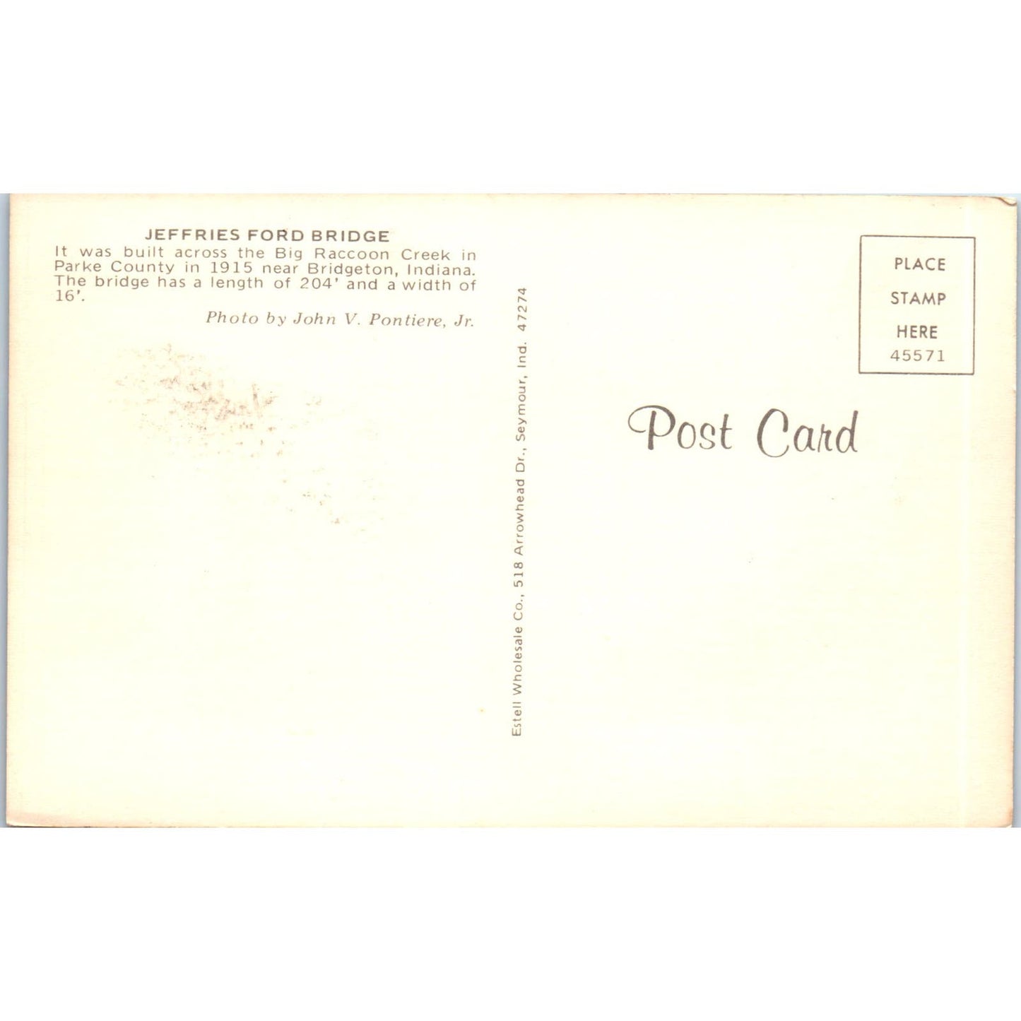 Jeffries Ford Bridge Parke County Bridgton Vintage Covered Bridge Postcard PC15