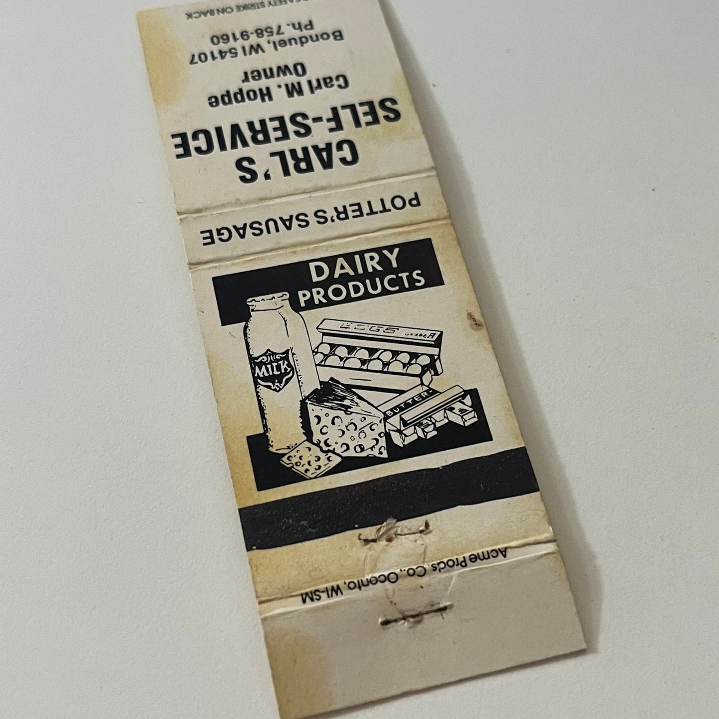 Carl's Self-Service Potters Sausage Carl M Hoppe Bonduel WI Matchbook TB6-MB2-5