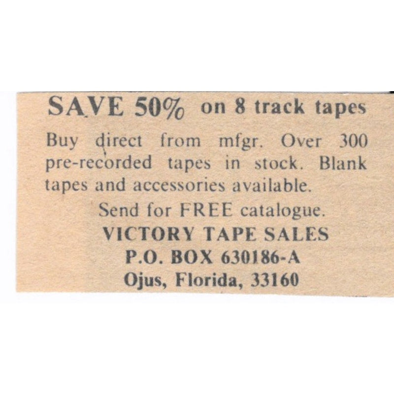 8 Track Tapes - Victory Tape Sales Ojus Florida - 1/2x2 1974 Ad AF6-S9