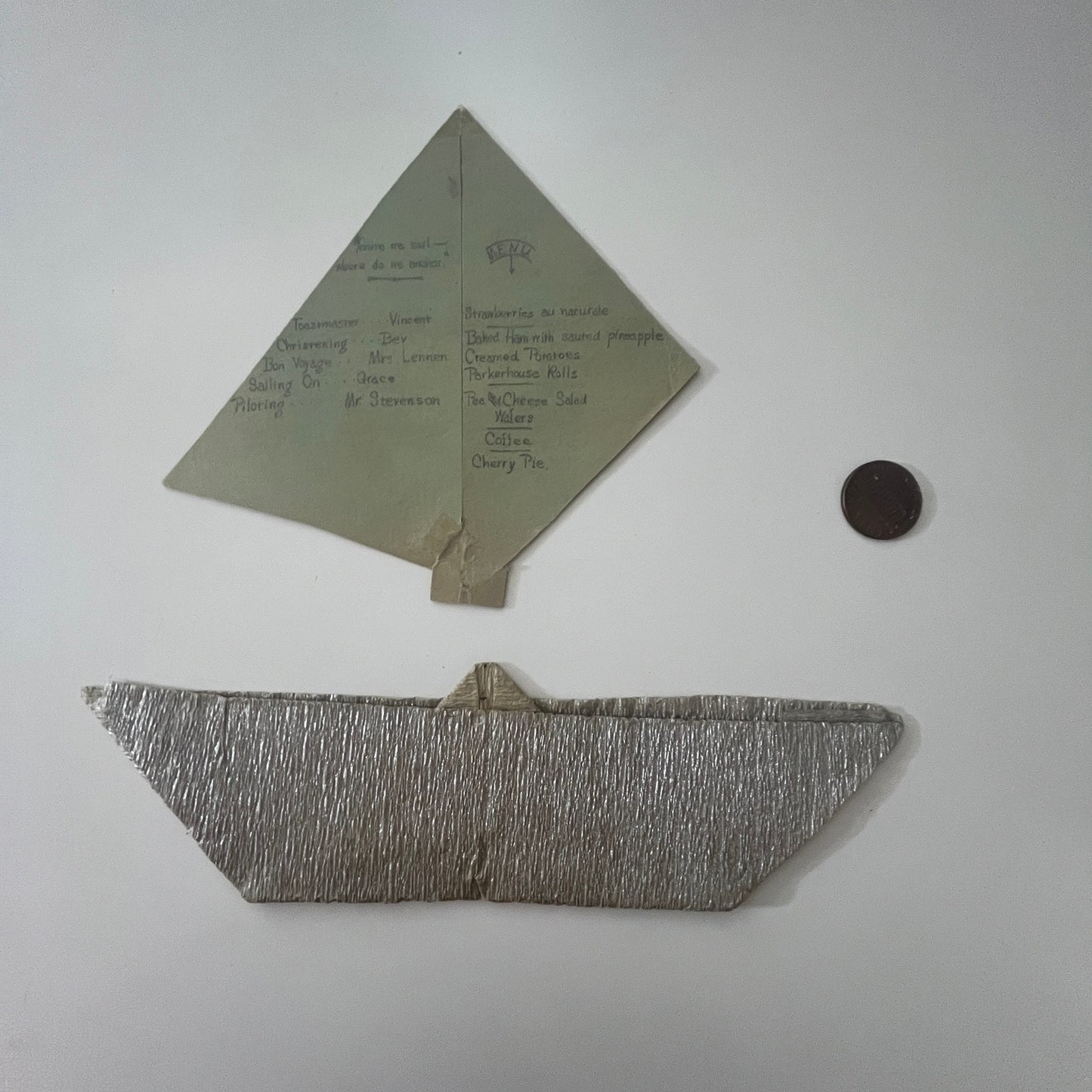 c1930 Dinner Menu on Paper Sailboat Mrs. Lennen, Mrs. Stevenson K23