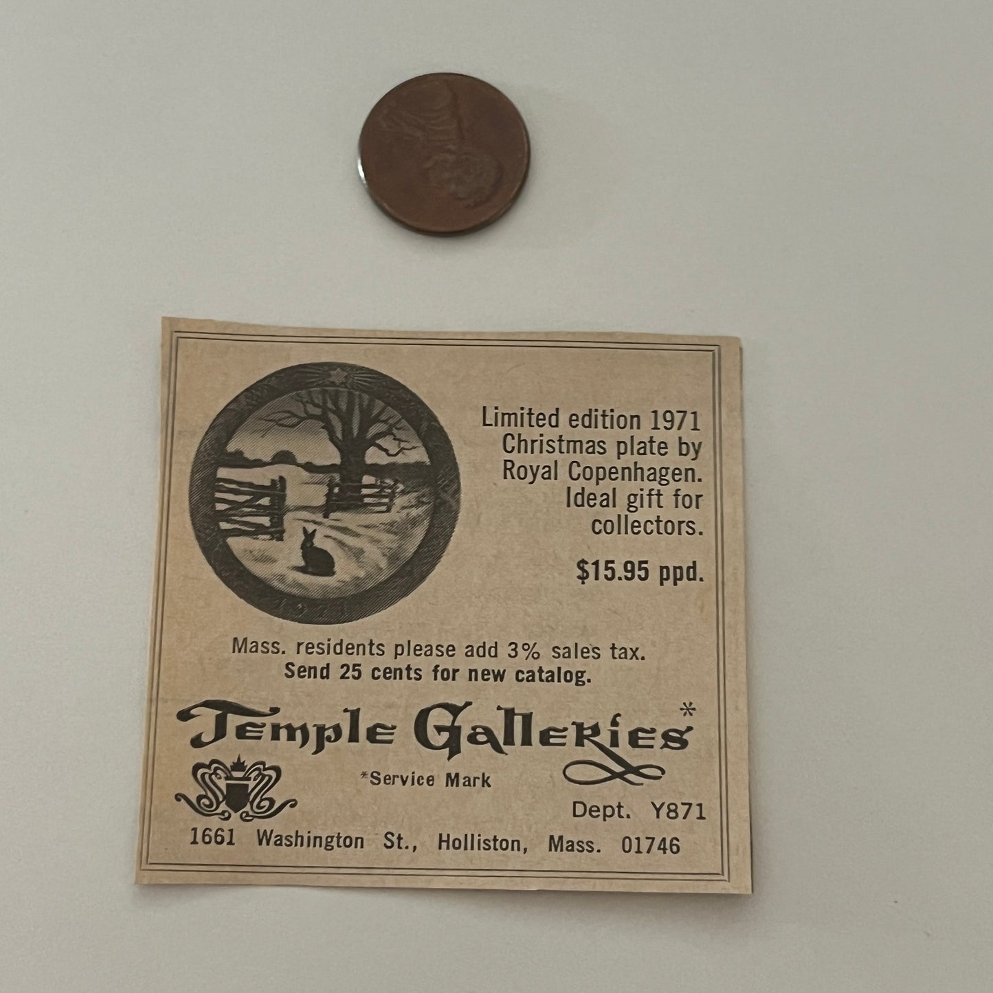 Temple Galleries Limited Edition Holliston MA 1971 Magazine Ad SAG4-S15