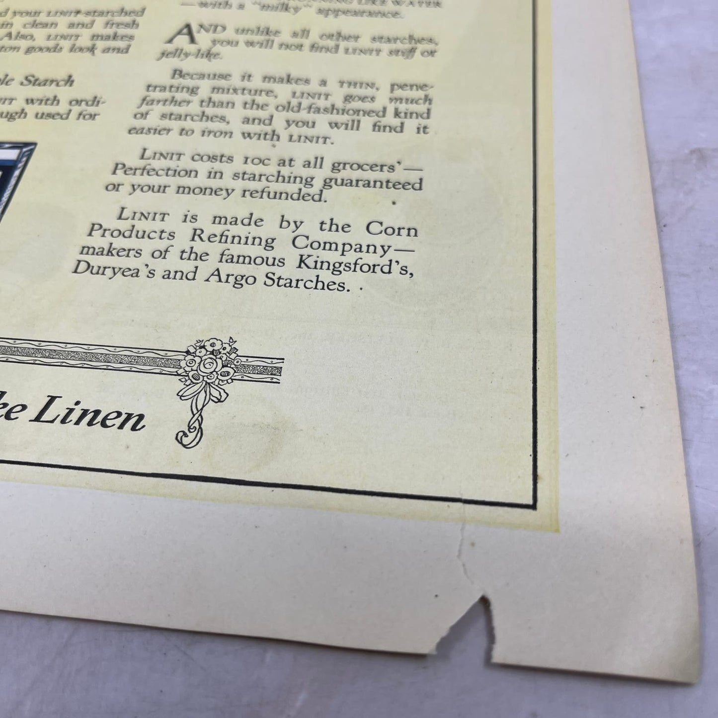 Linit for Starching Corn Products Refining Co. 1924 Magazine Ad FL6-11