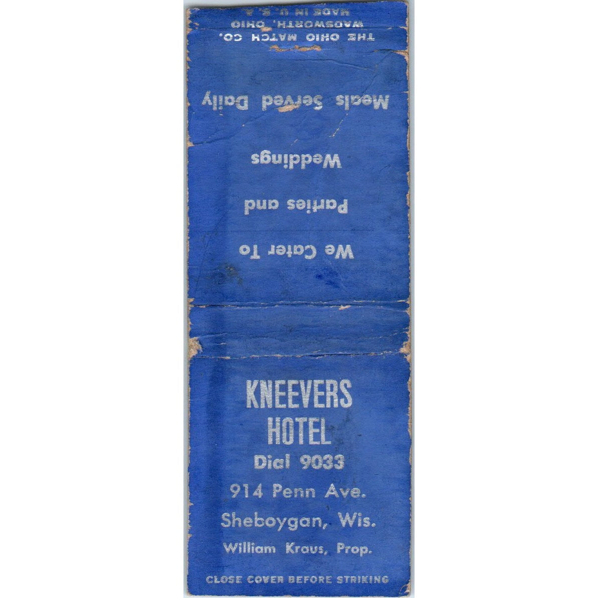 Kneevers Hotel Sheboygan WI William Kraus Vintage Matchbook Cover SD4-Y17
