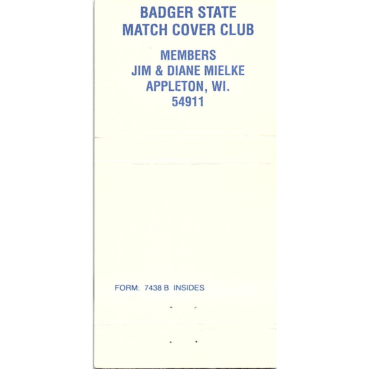 1996 Badger State Match Cover Club Jim & Diane Mielke Appleton WI TB6-MB2-8