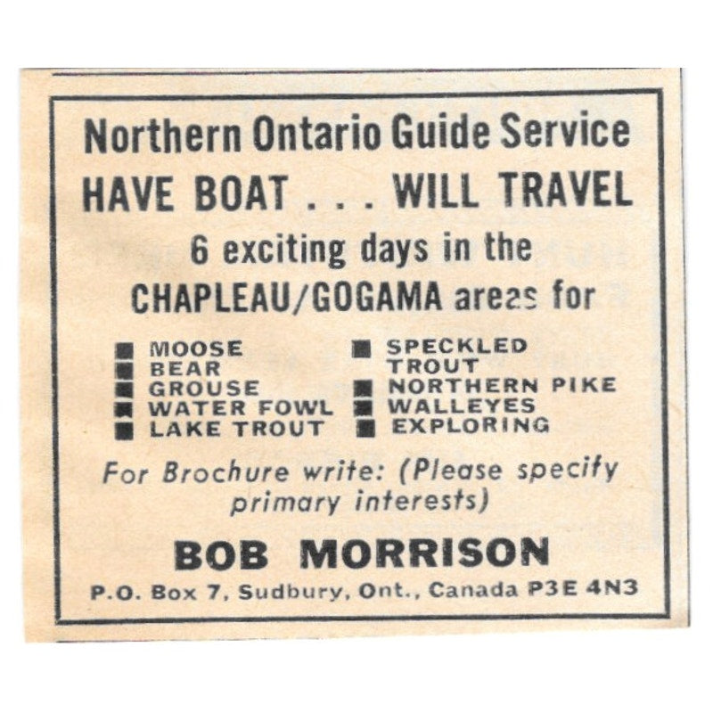 Bob Morrison Northern Ontario Guide Service Sudbury Ont CA 1977 Ad AF6-S1
