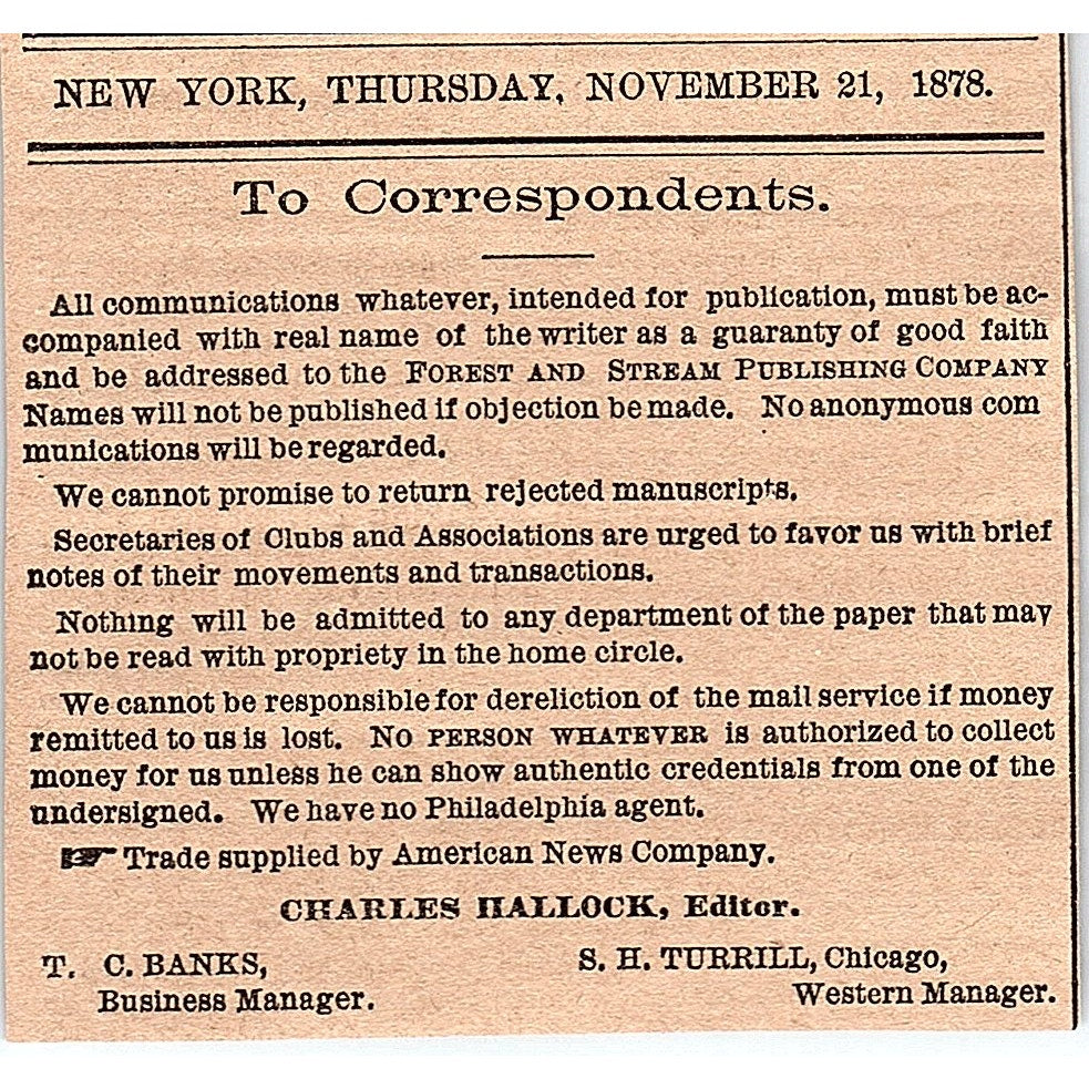 To Correspondents Charles Hallock T.C. Banks S.H Turrill 1878 Article AG2-H3