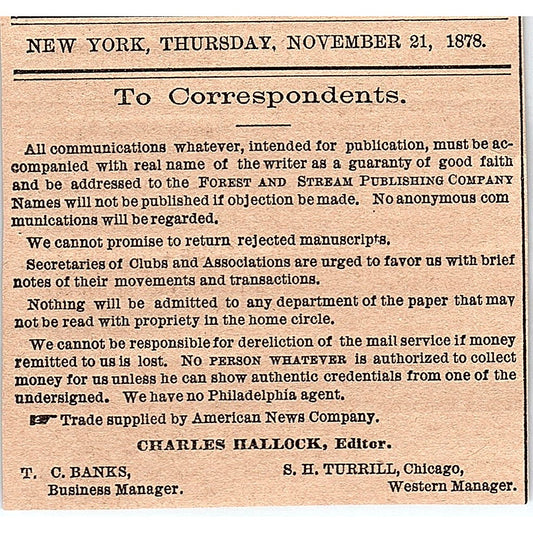 To Correspondents Charles Hallock T.C. Banks S.H Turrill 1878 Article AG2-H3