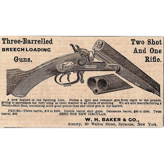 W.H. Baker & Co Three-Barrelled Breech Loading Guns Syracuse NY 1878 ad AG2-H4
