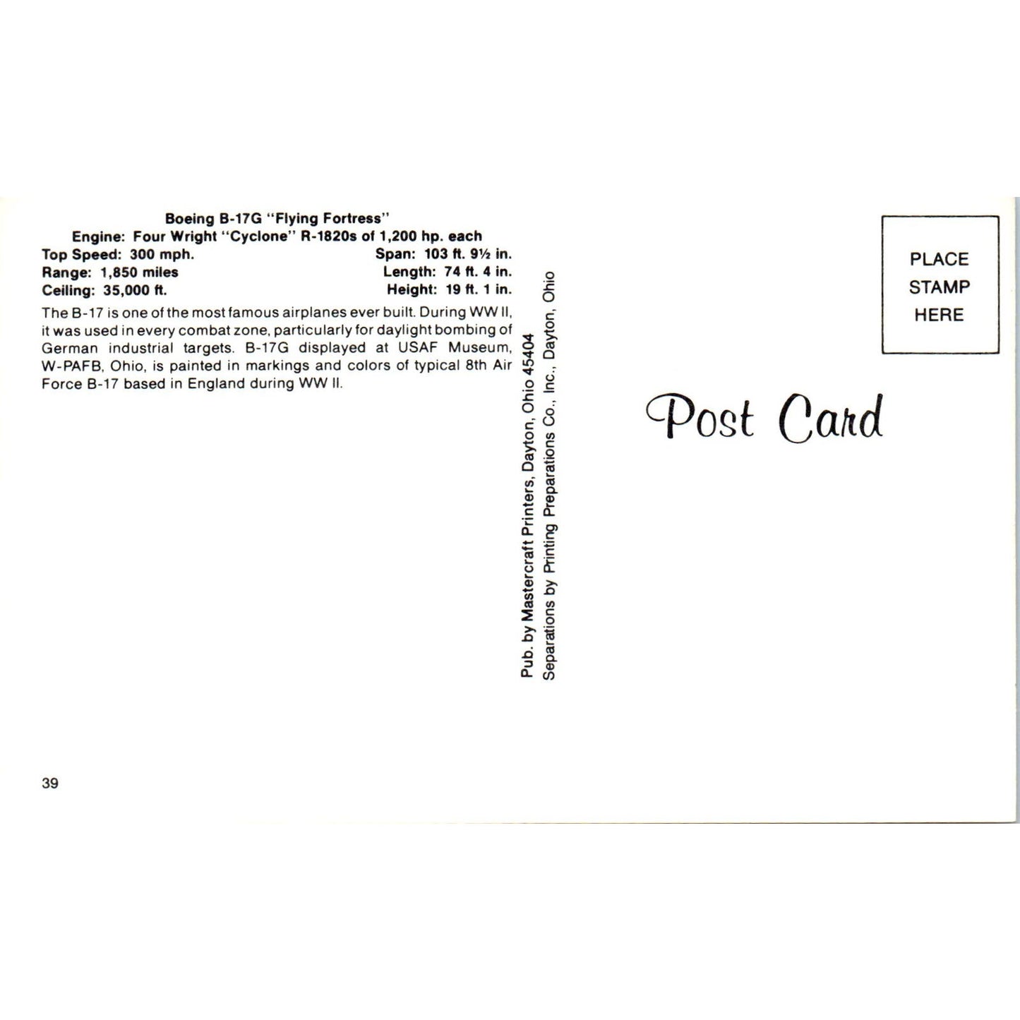 Boeing B-17G Flying Fortress Vintage Postcard PC19