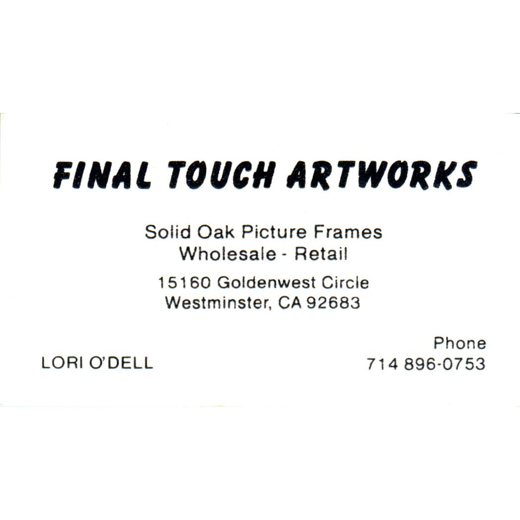 Final Touch Artworks Lori O'Dell Westminster CA Vintage Business Card SD4-B1