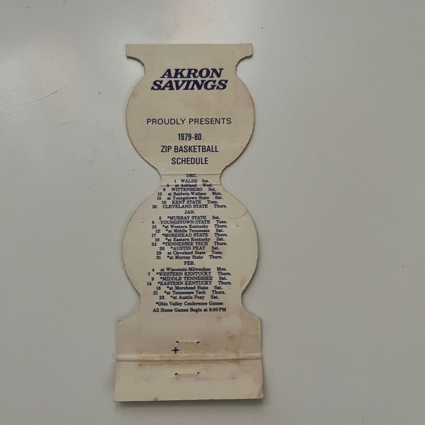 University of Akron Zips Basketball 1979-80 Schedule Matchbook Cover MM6-6