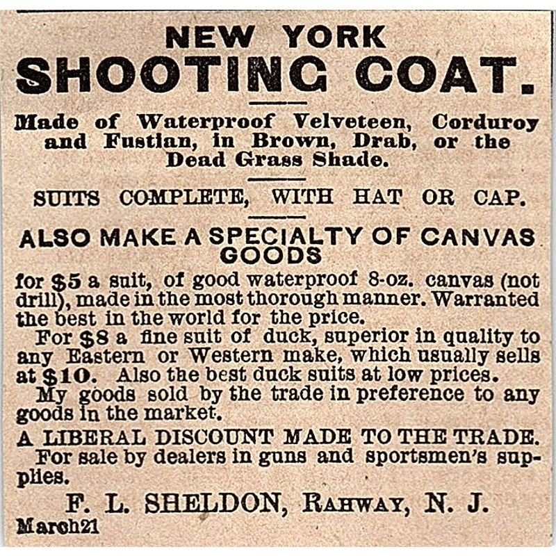 F.L. Sheldon New York Shooting Coat Rahway NJ 1878 Ad AG2-M14