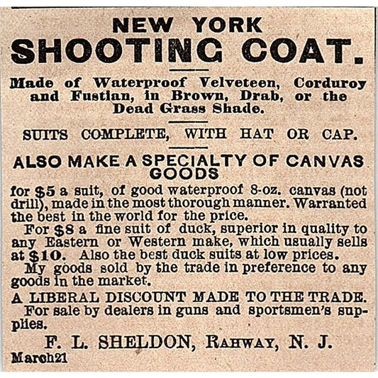F.L. Sheldon New York Shooting Coat Rahway NJ 1878 Ad AG2-M14