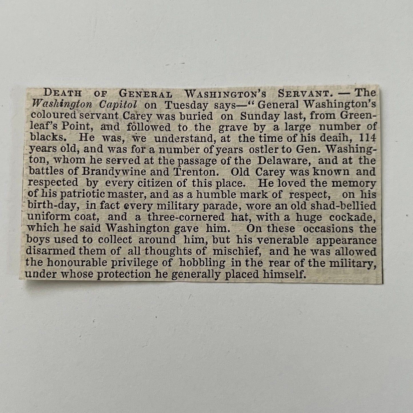 John Carey George Washington Emancipated Servant Obituary 1843 Clipping AI5-S26