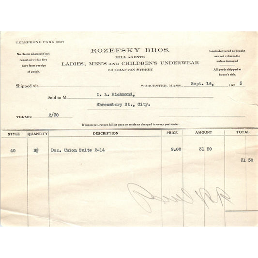 Rozesky Bros Mill Agents Worcester MA 1925 Original Billhead Letterhead D8-LL