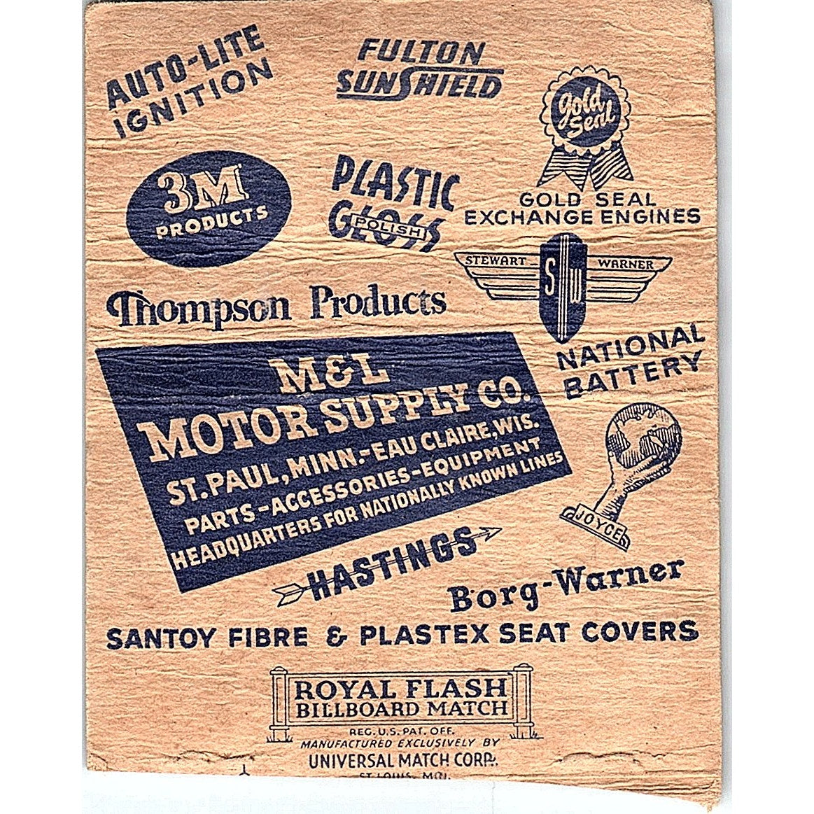 M&L Motor Supply Co Barstow St Eau Claire Vintage Large Matchbook Cover ML1-8