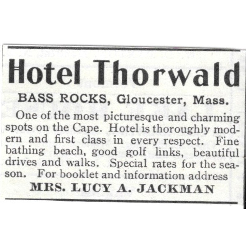 Hotel Thorwald Bass Rocks Gloucester MA Mrs Lucy A Jackman 1903 Ad AF8-S43