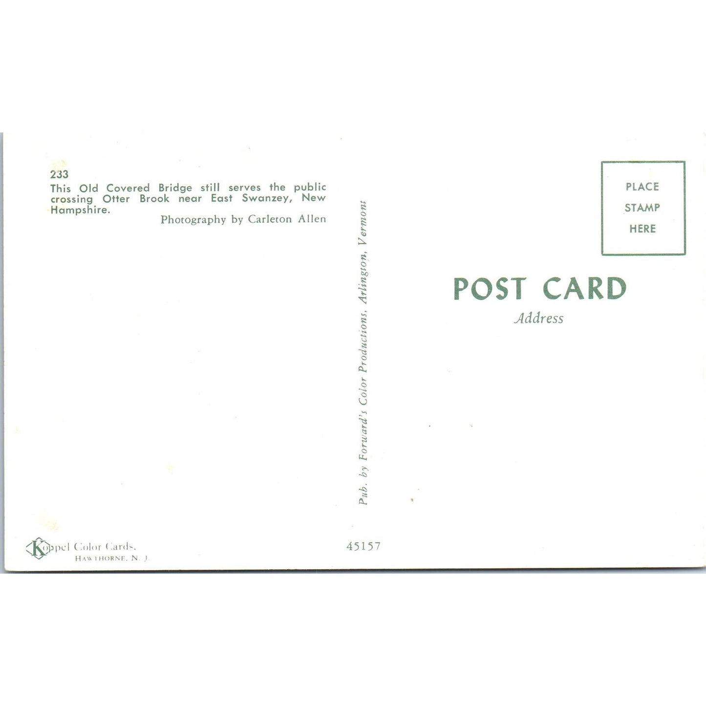 Otter Brook East Swanzey New Hampshire Covered Bridge Postcard PC7