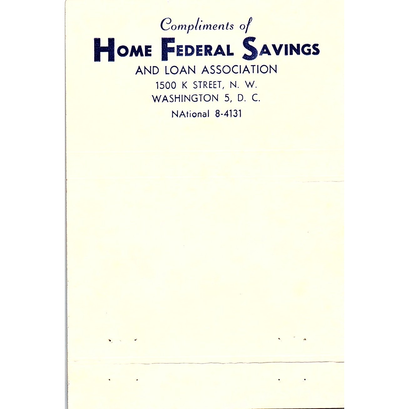 Home Federal Savings 100th Anniversary Washington DC Large Matchbook TB6-MB2-10