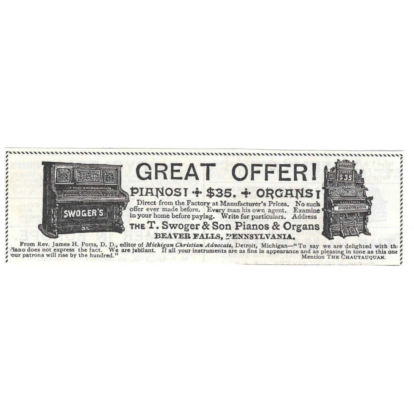 The T Swoger & Son Pianos and Organs Beaver Falls PA c1890 Victorian Ad AE8-CH13