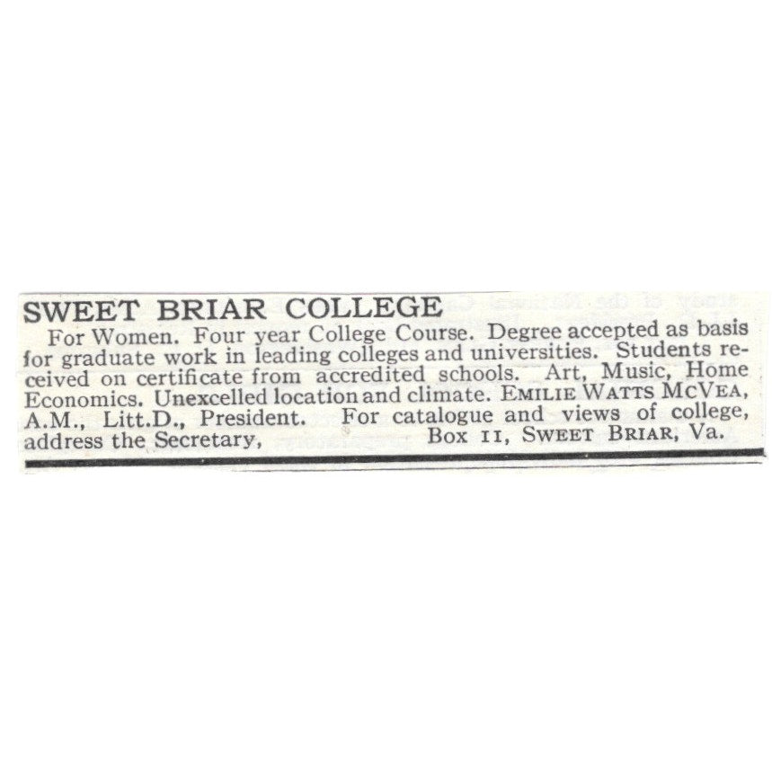 Sweet Briar College Sweet Briar VA Emilie Watts McVea c1920 Harper’s Ad AG4-S2