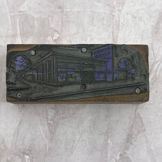 Retro Pioneer Savings Building Vintage Letterpress Printers Block Plate SF5