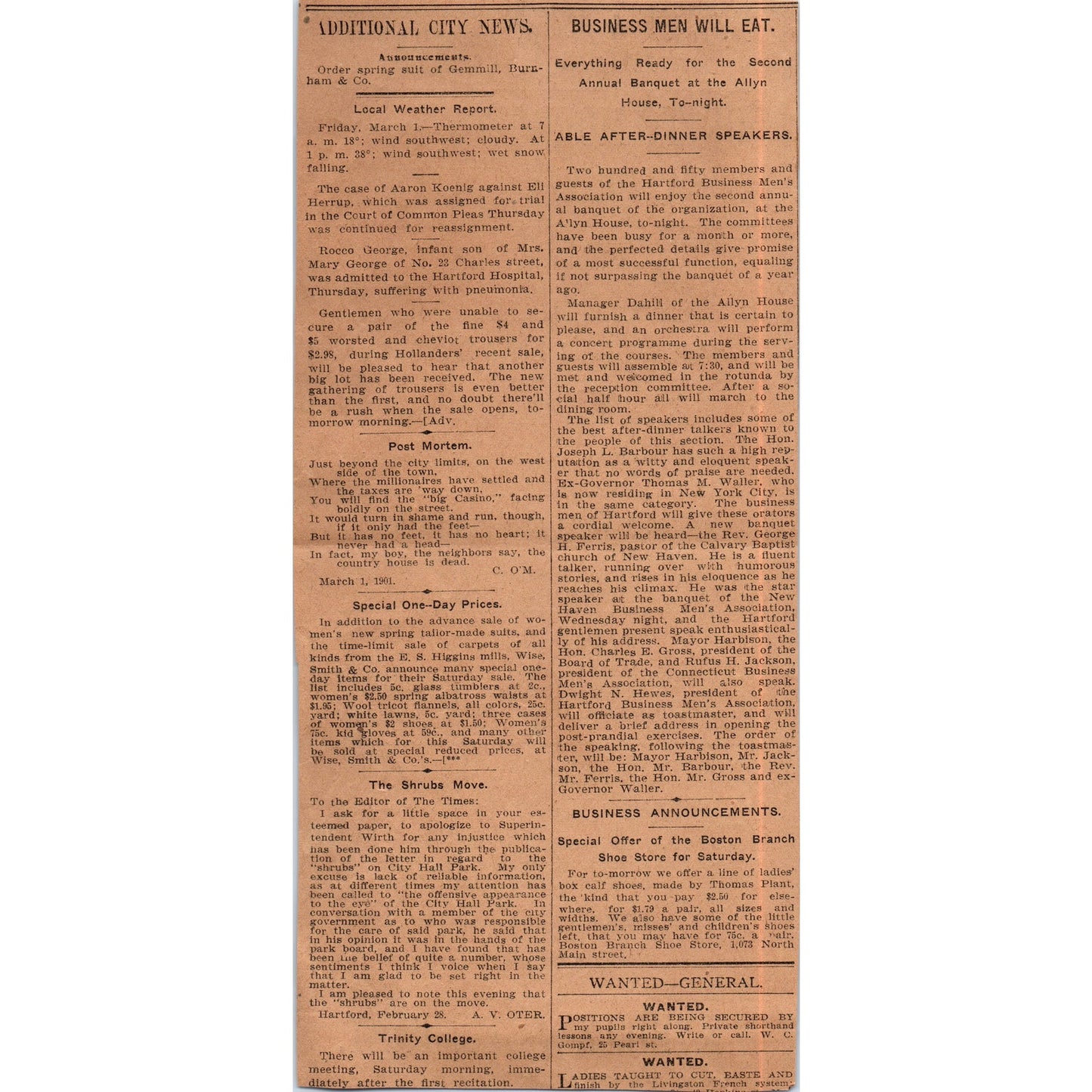 C.S. Hills & Company Clothing Hartford 1901 Newspaper Ad AD8-H1