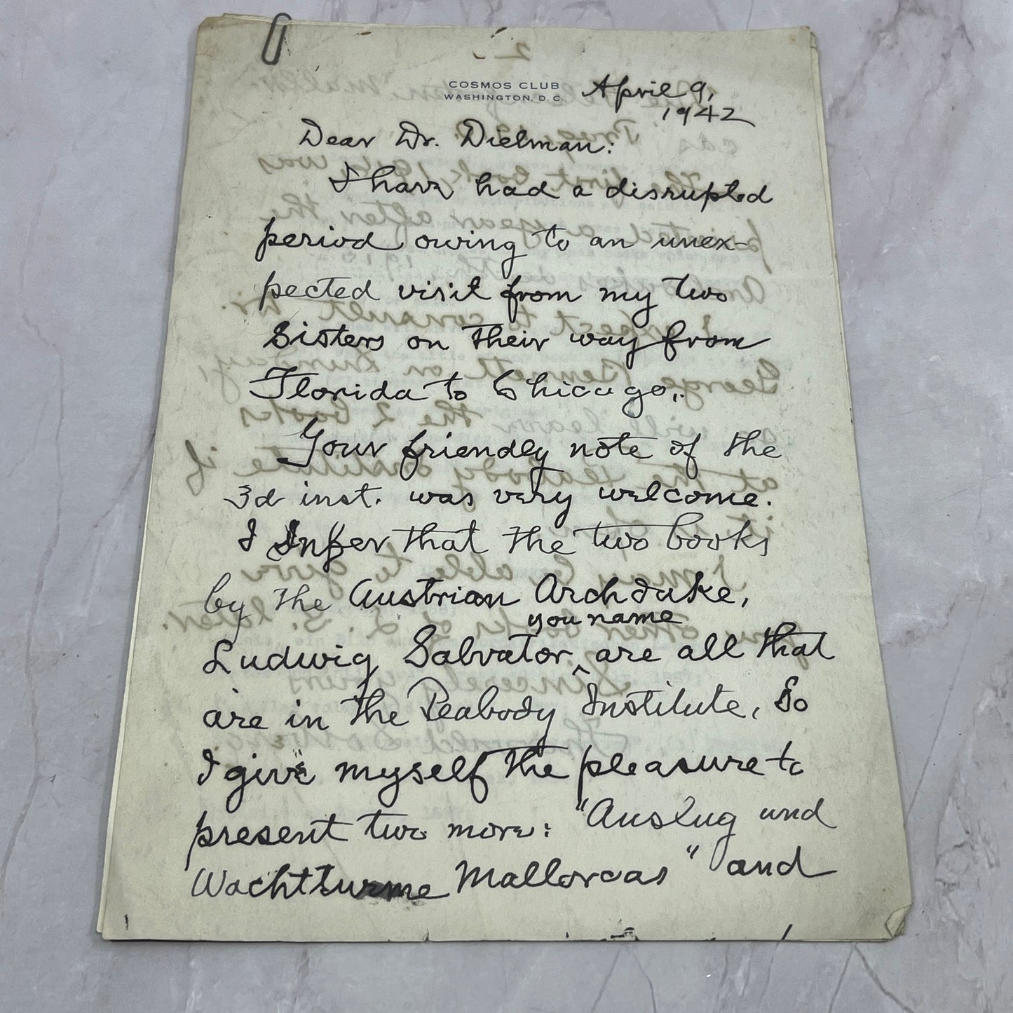 1942 WWII Handwritten Letter Cosmos Club Washington DC Louis Dielman TB8-OD