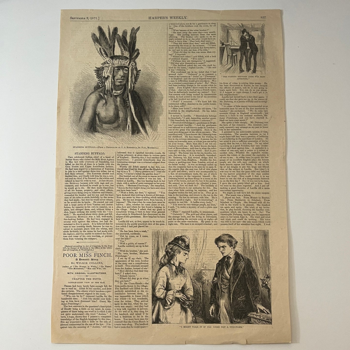 Harper's Weekly Standing Buffalo Santee Sioux Chief Engraving 1871 Sep 9 V1-7