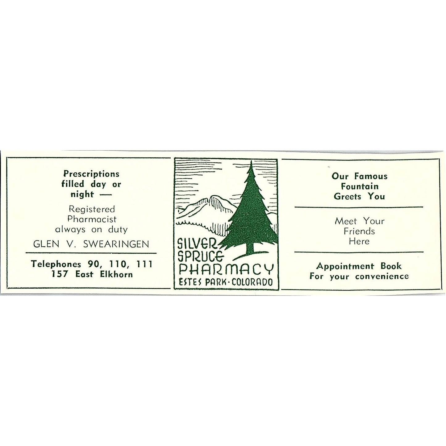 Silver Spruce Pharmacy Glen V Swearingen 1957 Estes Park CO Ad AG4-M1