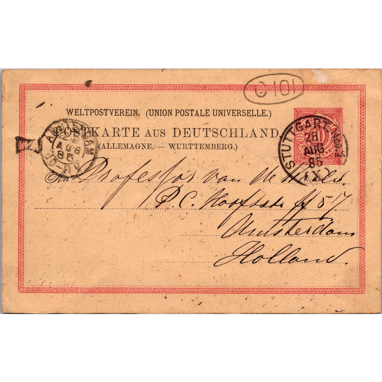 Lieve Stuttgart Amsterdam 1885 German Reich Postcard TE2-GRP