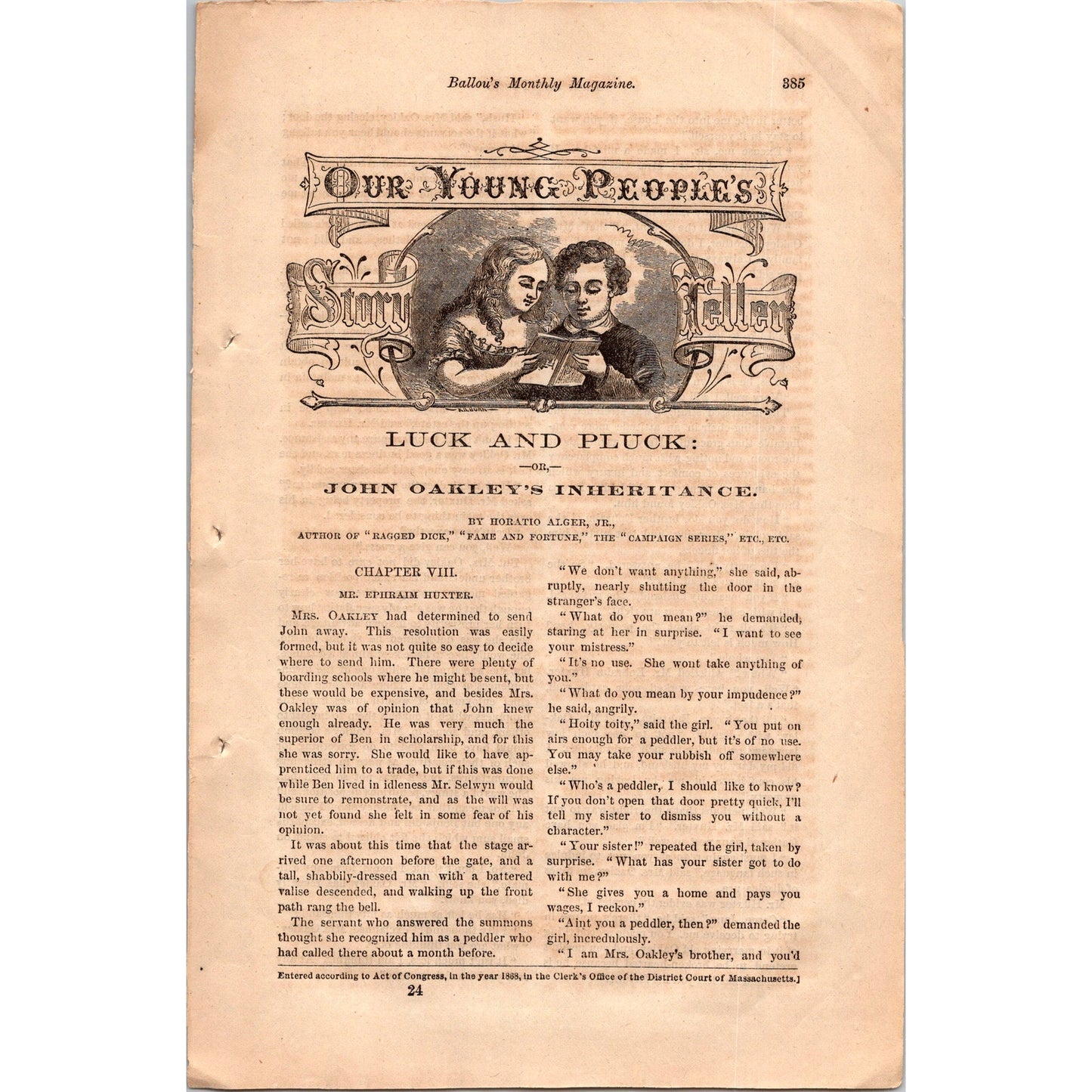 Luck and Pluck John Oakley's Inheritance 4 Pages Original 1869 Short Story I3