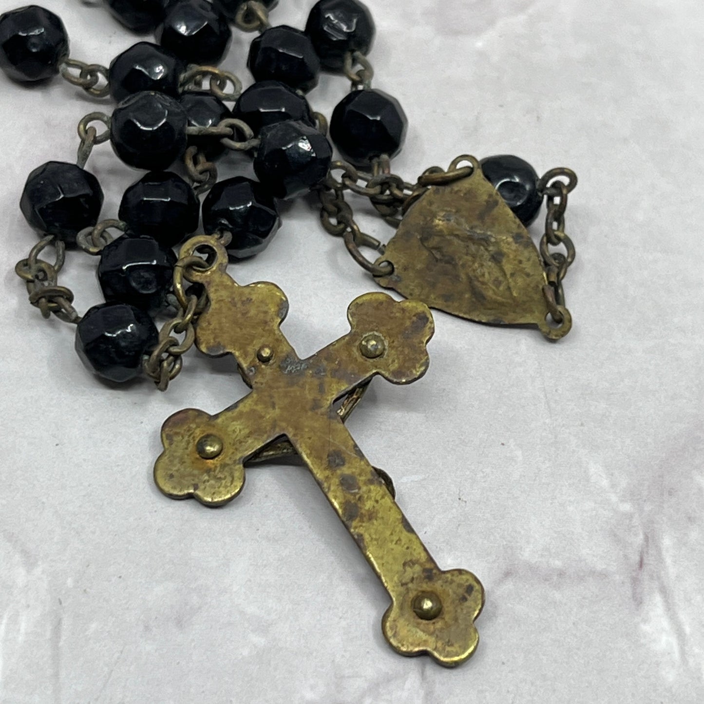 Vintage Black Glass Catholic Rosary Scapular Italy Marian Prayer Beads SE2-1