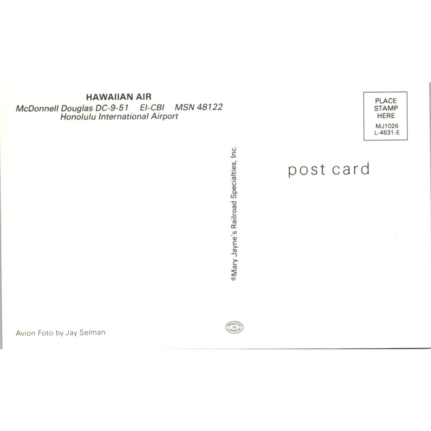 Hawaiian Air McDonnell Douglas DC-9-51 EI-CBI Vintage Postcard PC3