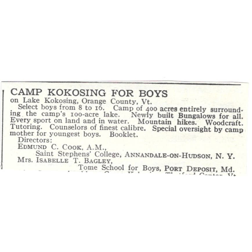 Camp Kokosing for Boys Edmund C. Cook Annandale-on-Hudson NY c1918 Ad AE5-SA11